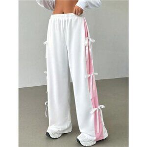Side Tie Contrast Wide Leg Pants